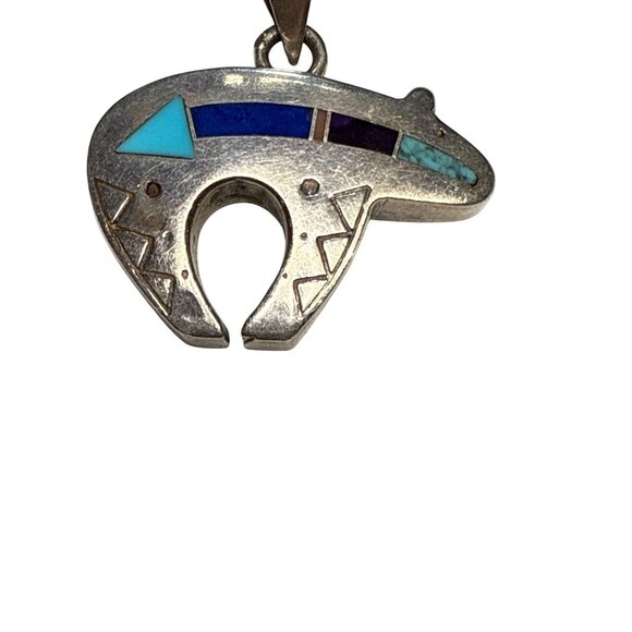 Vintage Native American Sterling Silver Bear Fetish Pendant Necklace Inlay Turqu - Picture 2 of 10